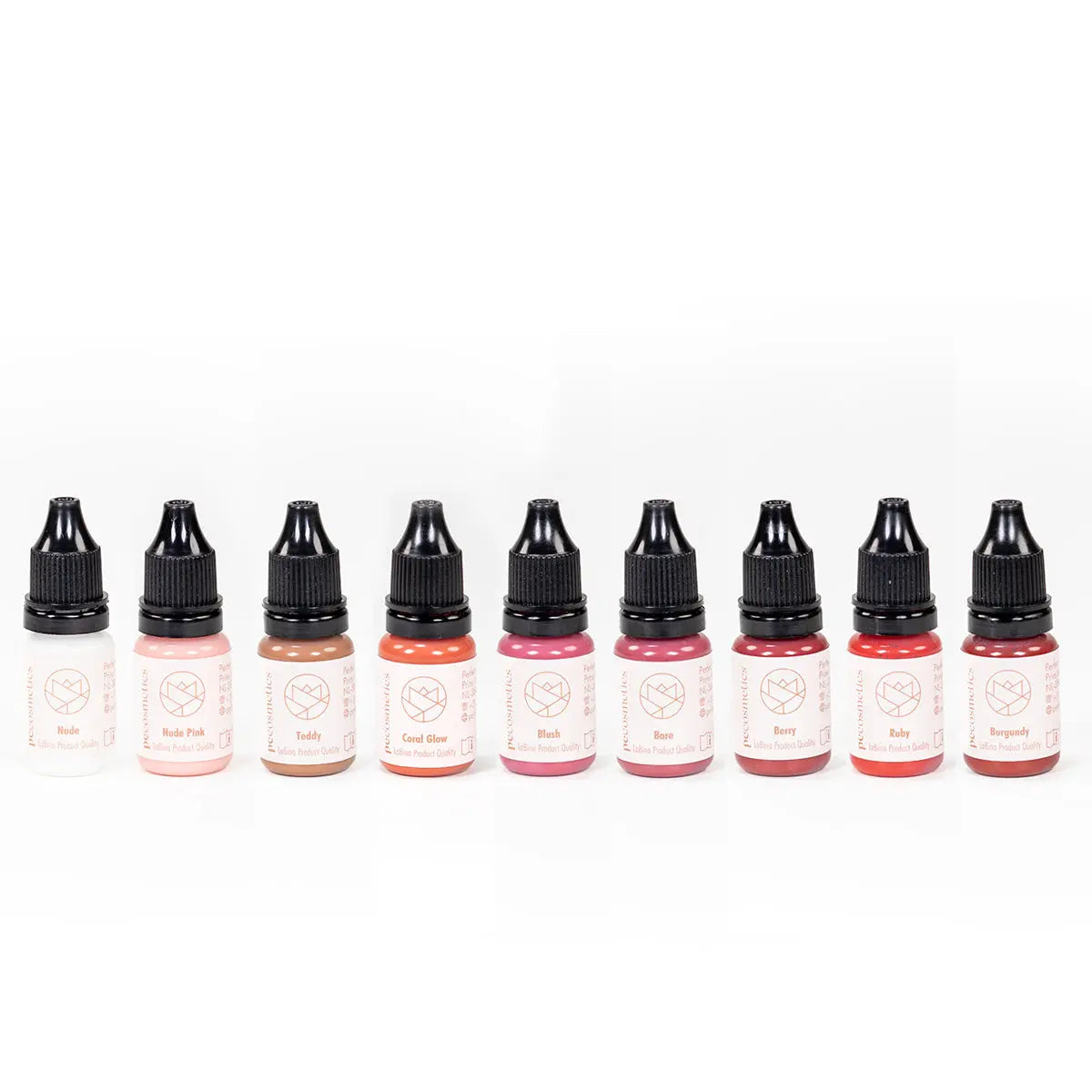 PE Cosmetics x Labina Lip Pigment collection featuring 10 pigmented bottles for professional lip treatments.